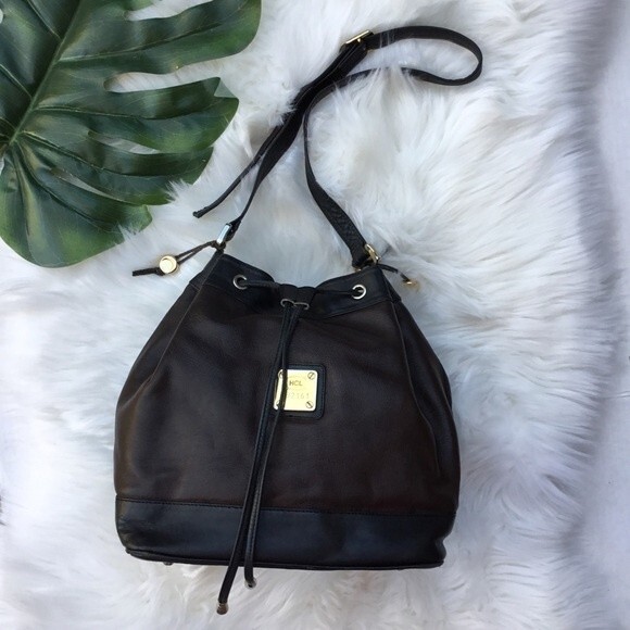 Vintage Handbags - Vintage 90s HCL Drawstring Bucket Bag Brown & Black Purse